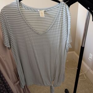 Matty M Women's Striped V-Neck Top - Light Blue and White